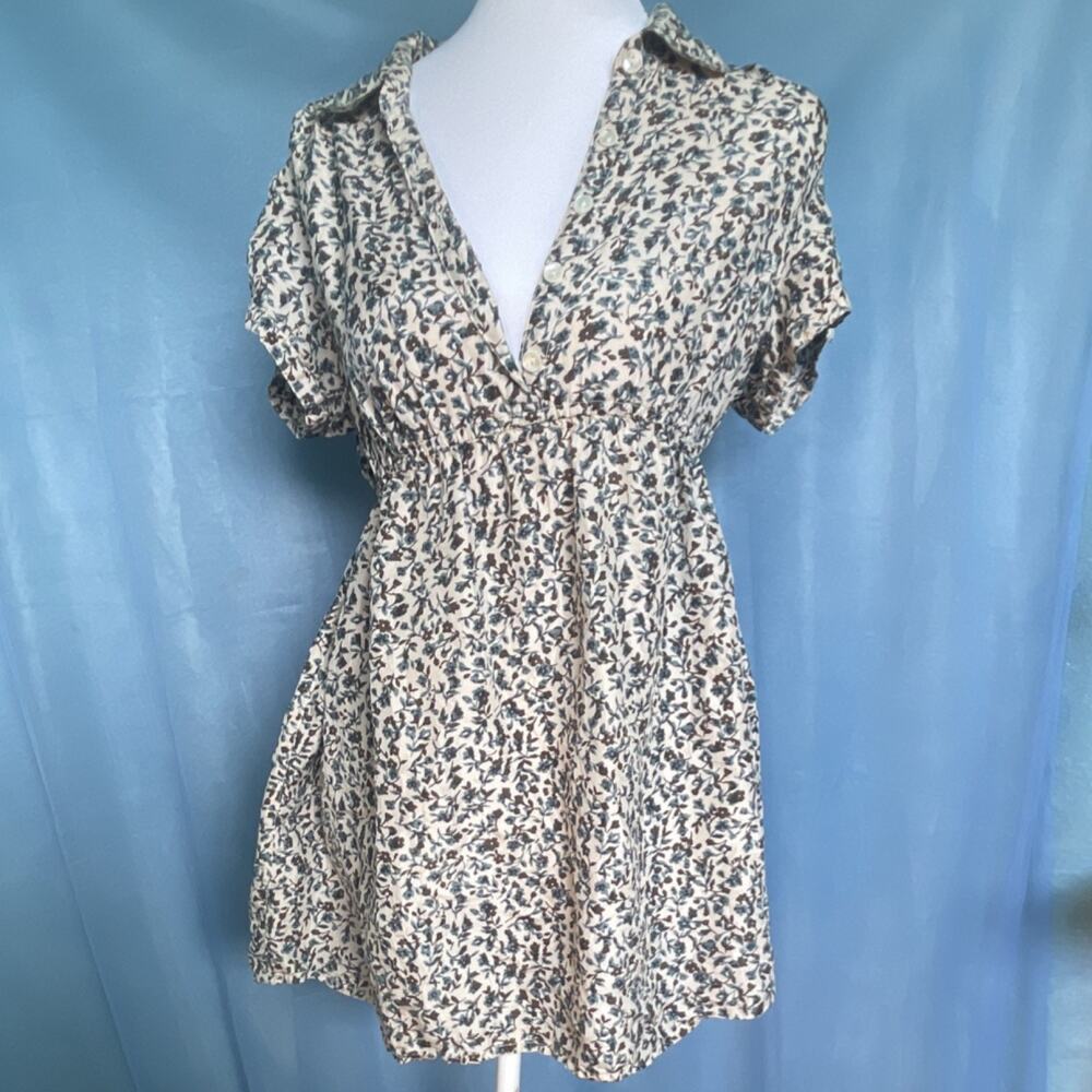 Mimi Maternity M 100% Silk Floral Short Sleeve Shirt Dress Ivory Blue
